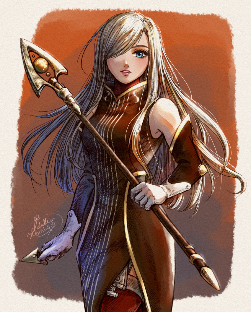 1girl absurdres bangs bare_shoulders blue_eyes breasts brown_dress brown_hair dagger detached_sleeves dress eyelashes garter_straps gloves hair_over_one_eye highres holding holding_dagger holding_weapon knife large_breasts lips long_hair looking_at_viewer michelle_kristolia sleeveless sleeveless_dress solo staff tales_of_(series) tales_of_the_abyss tear_grants thighhighs weapon white_gloves