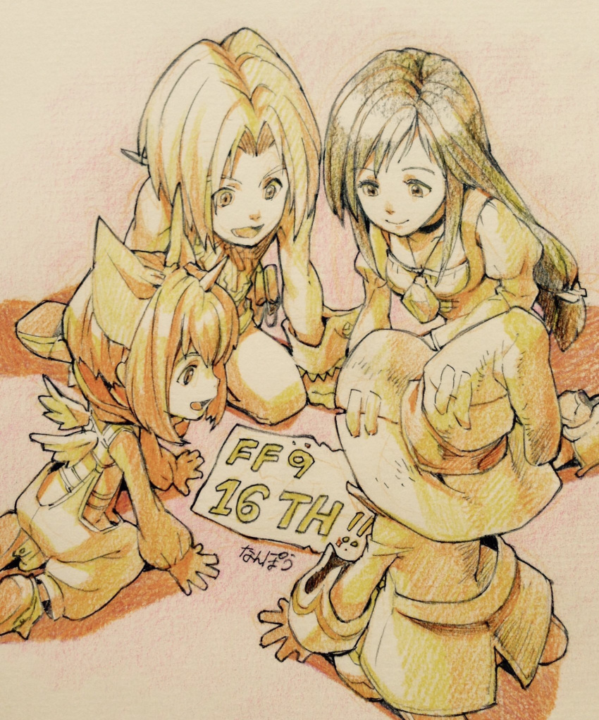 bodysuit bow breasts choker cleavage commentary_request eiko_carol final_fantasy final_fantasy_ix garnet_til_alexandros_xvii gloves hat highres horn jewelry medium_hair monochrome multiple_boys multiple_girls nanpou_(nanpou0021) necklace smile tail vivi_ornitier wings zidane_tribal