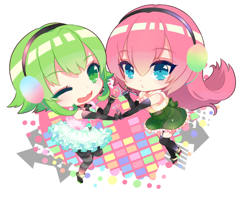 blue_eyes chibi commentary dress earmuffs eyebrows_visible_through_hair eyelashes frilled_dress frilled_skirt frills full_body green_eyes green_hair gumi happy_synthesizer_(vocaloid) heart heart_of_string long_hair megurine_luka mouthpiece multiple_girls nijita18 one_eye_closed pink_hair pouty_lips short_hair skirt smile transparent_background very_long_hair vocaloid