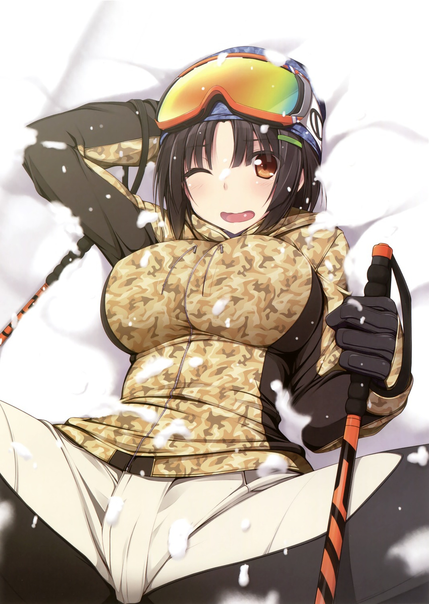 artbook bangs black_hair blush breasts brown_eyes eyebrows_visible_through_hair eyes_visible_through_hair gloves goggles goggles_on_head hair_between_eyes hair_ornament hairclip hand_behind_head highres holding image_sample imageboard_sample jacket large_breasts looking_at_viewer lying naturalton on_back open_mouth orange_eyes original outdoors pants short_hair ski_gear ski_goggles snow solo spread_legs yandere_sample