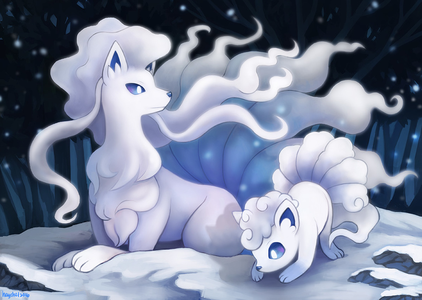 all_fours alolan_ninetales alolan_vulpix ambiguous_gender barefoot canine cute feral fox fur haychel looking_away looking_down lying mammal multi_tail nintendo nude on_front outside pok&eacute;mon regional_variant size_difference snow video_games