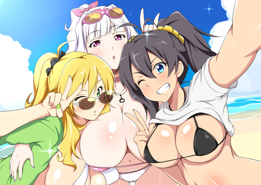 absurdres antenna_hair beach bikini black_bikini black_hair blonde_hair blue_eyes breasts cleavage day eyewear_on_head ganaha_hibiki green_eyes hair_ornament hair_ribbon hair_scrunchie hairband highres hoshii_miki huge_breasts idolmaster idolmaster_(classic) jabara_tornado large_breasts long_hair looking_at_viewer multiple_girls nail_polish navel ocean one_eye_closed open_mouth pink_bikini_top ponytail project_fairy puckered_lips purple_eyes reaching_out ribbon scrunchie self_shot shijou_takane silver_hair smile sunglasses swimsuit v