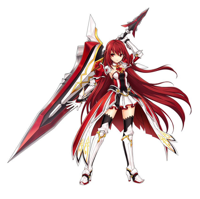 absurdres armor armored_dress artist_request black_legwear braid detached_collar elesis_(elsword) elsword full_body gloves grand_master_(elsword) greaves half_updo highres holding holding_weapon huge_weapon long_hair neckerchief no_nose official_art overskirt red_eyes red_hair serious solo standing sword thighhighs very_long_hair weapon white_background white_gloves zettai_ryouiki