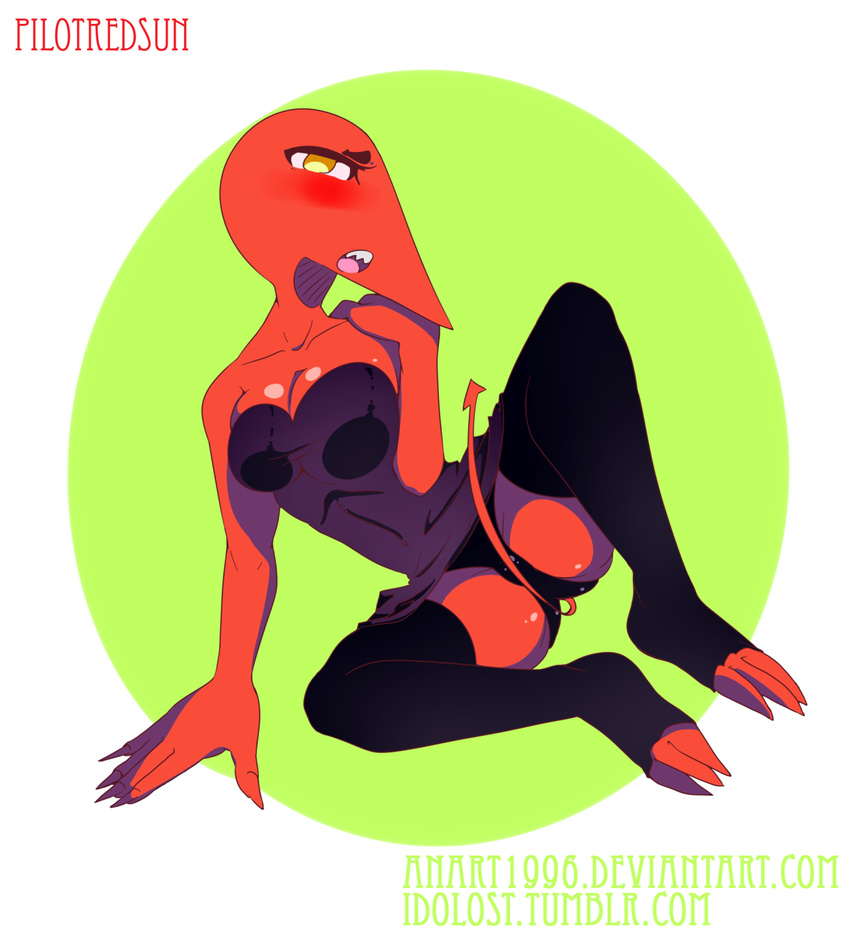 anart1996 blush breasts claws clothing demon female fiend humanoid leggings legwear looking_at_viewer pilotredsun pinup pose red_skin simple_background spade_tail tight_clothing toe_claws underwear yellow_eyes