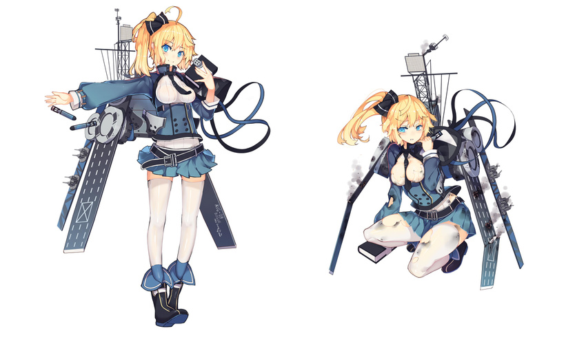 ahoge belt black_ribbon blonde_hair blue_eyes blue_skirt bogue_(zhan_jian_shao_nyu) book boots commentary_request hair_ribbon hand_up holding holding_book long_sleeves looking_at_viewer looking_away loose_belt military military_uniform multiple_views official_art outstretched_arm parted_lips pleated_skirt rain_lan ribbon rigging runway side_ponytail simple_background skirt smile squatting standing thighhighs torn_clothes torn_legwear uniform white_background white_legwear zettai_ryouiki zhan_jian_shao_nyu