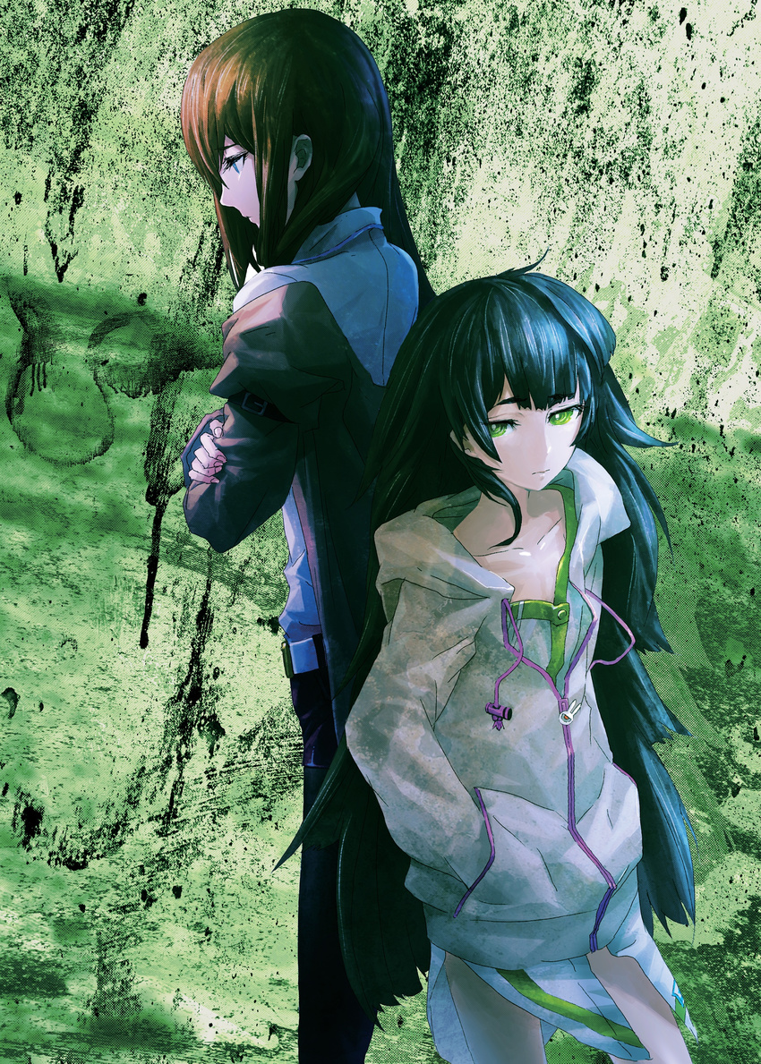 absurdres back-to-back baggy_clothes bangs belt black_hair blue_eyes brown_hair collarbone crossed_arms expressionless eyelashes flat_chest green_eyes highres hiyajou_maho hood huke labcoat long_hair looking_at_viewer makise_kurisu multiple_girls official_art profile scan simple_background steins;gate steins;gate_0 thighs very_long_hair