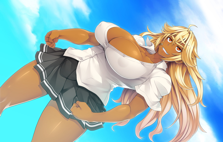 1girl blonde_hair breasts character_request dark_skin denkishowgun erectlip female gakuen_no_ikenie_nagusami_mono_to_kashita_kyonyuu_furyou_shoujo_~hakudaku_ni_okasareru_kasshoku_&amp;_daniku_no_kyouen~ game_cg huge_breasts nipples no_bra school_uniform shiny_skin skirt sky smile