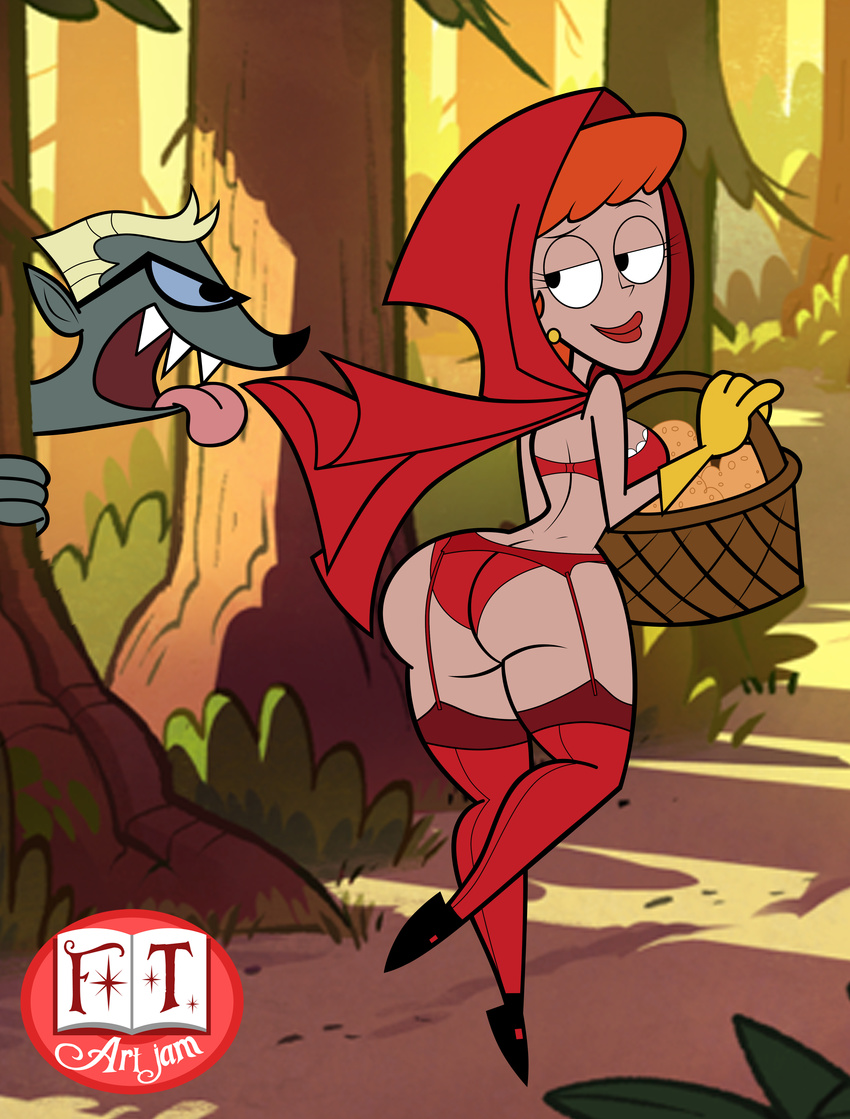 absurd_res basket big_bad_wolf big_butt blonde_hair bra butt canine cartoon_network clothing dexter's_dad dexter's_laboratory dexter's_mom duo female food forest grimphantom hair hi_res human husband_and_wife little_red_riding_hood little_red_riding_hood_(copyright) mammal muffin outside panties red_hair tree underwear wolf