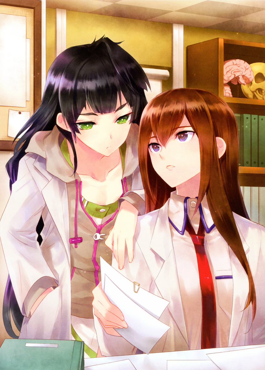 absurdres bangs black_hair blue_eyes bookshelf brain brown_hair collarbone corkboard expressionless eyebrows_visible_through_hair flat_chest folder green_eyes hand_on_another's_shoulder highres hiyajou_maho indoors kasukabe_akira labcoat long_hair looking_at_another looking_down makise_kurisu multiple_girls necktie open_mouth paper room scan scan_artifacts skull steins;gate steins;gate_0