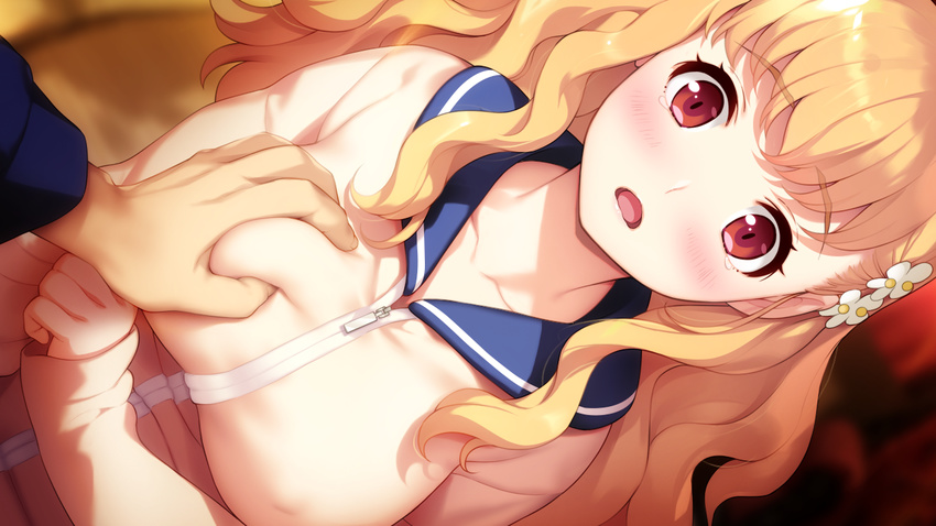 1girl blonde_hair blush breast_grab breasts collarbone embarrassed eyebrows eyebrows_visible_through_hair flower game_cg groping hair_flower hair_ornament hamashima_shigeo highres large_breasts long_hair long_sleeves looking_at_viewer momozono_moka original parted_lips pov red_eyes school_uniform shinsou_noise:_jushin_tantei_no_jikenbo solo_focus standing surprised tears upper_body zipper