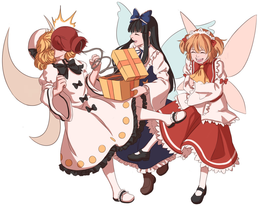 :d ^_^ bangs black_hair blonde_hair blunt_bangs box boxing_gloves closed_eyes dress drill_hair fairy_wings frilled_dress frilled_sleeves frills gift gift_box hat highres in_the_face laughing long_hair luna_child mary_janes mefomefo multiple_girls open_mouth prank quad_drills shoes short_hair smile spring_(object) star_sapphire sunny_milk touhou twintails wide_sleeves wings
