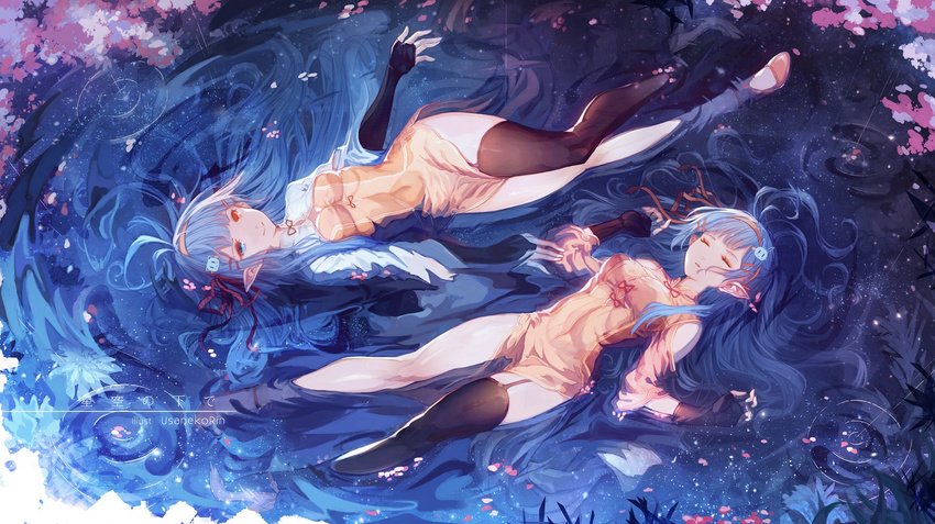 afloat artist_name asymmetrical_clothes breasts cherry_blossoms closed_eyes elf fingerless_gloves from_above garter_straps gloves hairband heterochromia high_heels highres long_hair looking_at_viewer medium_breasts multiple_girls original partially_submerged pointy_ears single_thighhigh sleeping small_breasts smile thighhighs tree usanekorin