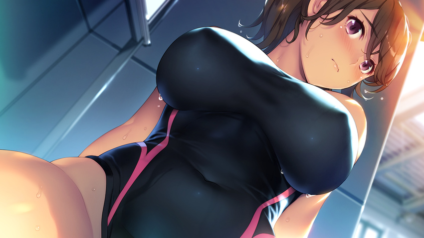 1girl bare_arms bare_legs bare_shoulders blush breasts brown_hair competition_swimsuit covered_navel embarrassed game_cg hamashima_shigeo highres indoors kazama_natsuki large_breasts legs long_hair looking_at_viewer mound_of_venus one-piece_swimsuit original pink_eyes ponytail shinsou_noise:_jushin_tantei_no_jikenbo shiny shiny_clothes solo sweat swimsuit thighs upper_body