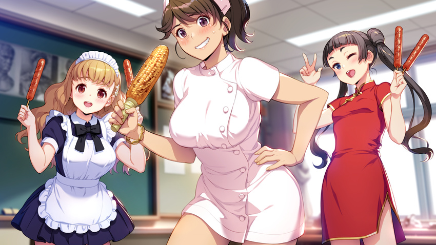 3girls black_hair blonde_hair blue_eyes blush breasts chalkboard china_dress chinese_clothes classroom clenched_teeth corn cosplay food game_cg hamashima_shigeo hand_on_hip happy highres holding indoors kazama_natsuki kurotsuki_saaya large_breasts legs lolita_hairband long_hair looking_at_viewer maid maid_headdress momozono_moka multiple_girls nurse nurse_cap open_mouth original purple_eyes red_eyes shinsou_noise:_jushin_tantei_no_jikenbo small_breasts smile standing thighs twintails uniform v wink