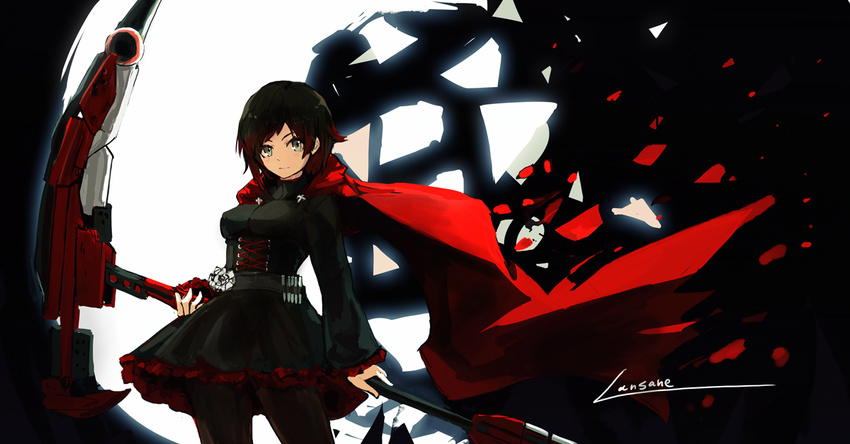 black_dress black_hair breasts cape cloak corset crescent_rose digital_dissolve dress gradient_hair hood hooded_cloak huge_weapon impossible_clothes impossible_dress lansane long_sleeves medium_breasts multicolored_hair pantyhose petals red_cape red_hair rose_petals ruby_rose rwby short_hair signature silver_eyes solo two-tone_hair weapon