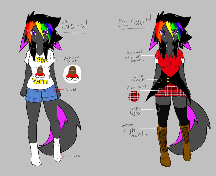 2016 anthro boots canine clothed clothing digital_media_(artwork) diglett english_text female footwear fox fur hair hi_res leggings legwear looking_at_viewer mammal model_sheet nintendo plaid pok&eacute;ball pok&eacute;mon raveneevee shorts simple_background skirt socks solo standing text video_games