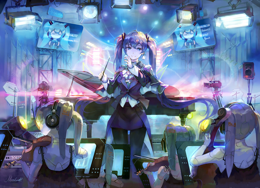 android aqua_eyes aqua_hair artist_name back bangs baton_(instrument) black_legwear blue_eyes cable camcorder cello clone closed_eyes closed_mouth conductor disco_ball english floating_hair formal grand_piano hair_ornament hatsune_miku headphones heartbeat holding instrument keyboard_(instrument) long_hair long_sleeves looking_at_viewer miniskirt monitor multiple_views music number orchestra pantyhose pencil_skirt piano playing_instrument purple_hair purple_skirt robot_joints sitting skirt sleeveless smile spaghetti_strap spark_(sandro) stage stage_lights standing tailcoat twintails very_long_hair violin vocaloid