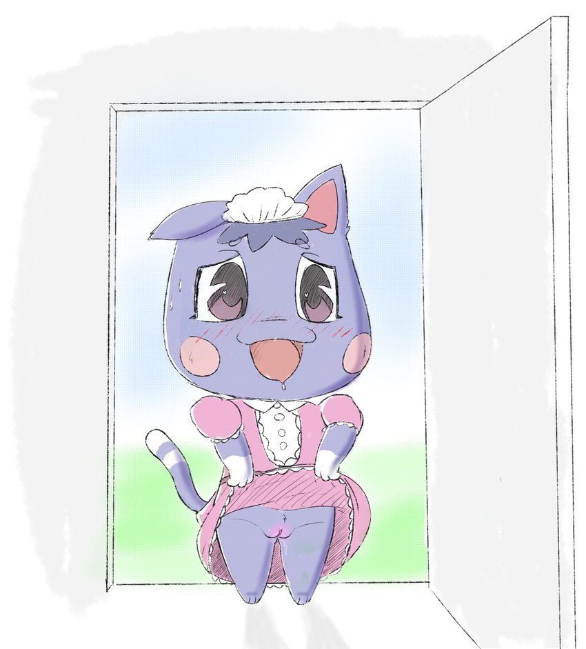 animal_crossing bottomless clothed clothing clothing_lift exhibitionism feazelbal feline maid_uniform mammal nintendo presenting pussy rosie_(animal_crossing) skirt skirt_lift uniform video_games