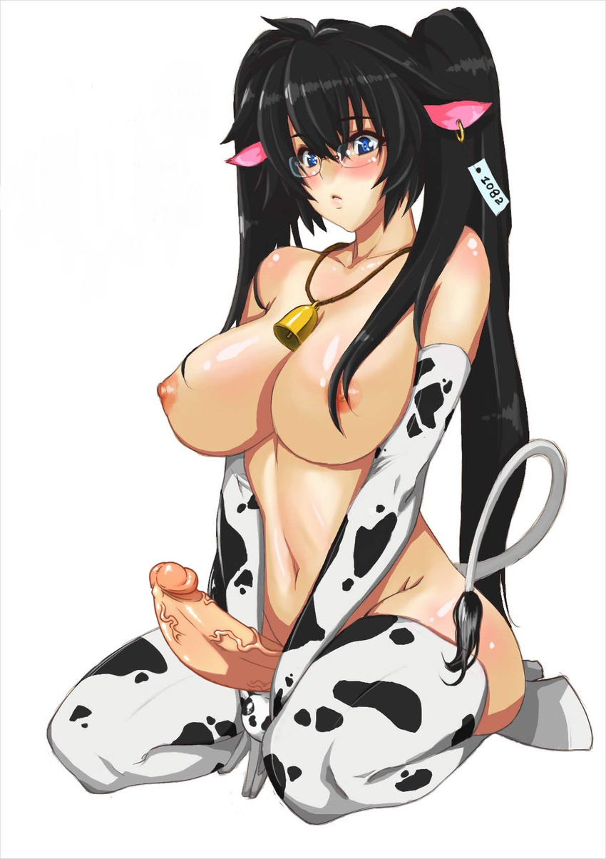 animal_print black_hair blue_eyes blush breasts cow_bell cow_print cow_tail cowgirl erection futanari glasses large_breasts penis testicles thighhighs uncensored veins veiny_penis