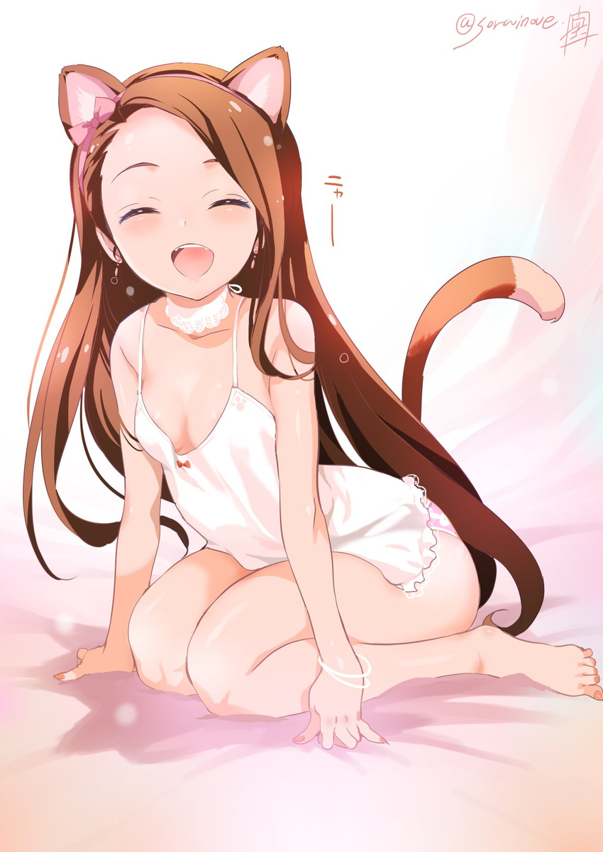 animal_ears arm_support bangs bare_legs bare_shoulders barefoot bow bracelet breasts brown_hair camisole cat_ears cat_tail cleavage closed_eyes earrings hair_bow hairband highres idolmaster idolmaster_(classic) inoue_sora jewelry leaning_forward long_hair minase_iori open_mouth panties pink_eyes pink_panties print_panties sitting small_breasts solo swept_bangs tail twitter_username underwear underwear_only wariza