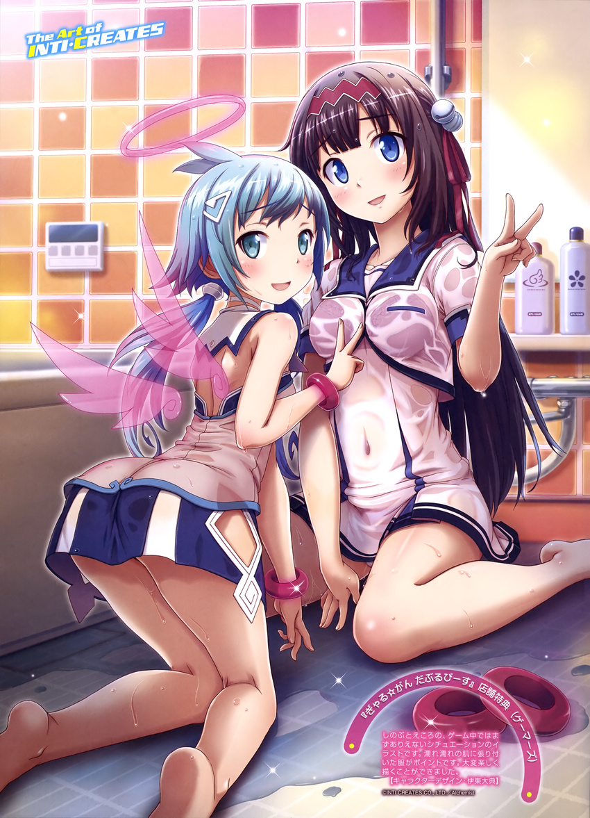 absurdres anklet ass bare_back barefoot bathroom bell black_bra black_hair blue_eyes blue_hair blue_skirt blush bra choker covered_navel dress ekoro_(galgun) eyebrows_visible_through_hair gal_gun gal_gun_double_peace hair_bell hair_ornament hair_ribbon hairband hairclip highres indoors jewelry kamizono_shinobu kneeling long_hair looking_at_viewer masanori_ito miniskirt multiple_girls open_mouth pink_wings red_hairband red_ribbon ribbon see-through shiny shiny_skin shirt skirt twintails underwear v very_long_hair wet wet_clothes wet_dress wet_shirt white_dress wings