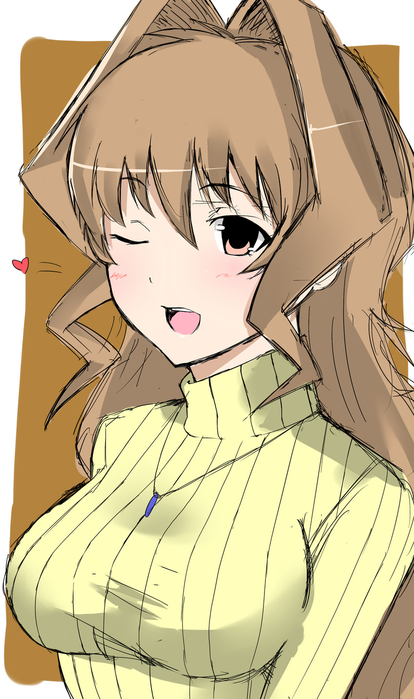 ;d absurdres blush breasts brown_eyes brown_hair gori_matsu_(turuyasann2) hair_intakes heart highres jewelry jinguuji_marimo large_breasts long_hair muvluv necklace one_eye_closed open_mouth ribbed_sweater smile solo sweater turtleneck turtleneck_sweater