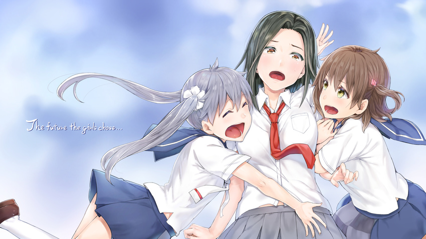 :d arm_hug black_hair blush brown_hair closed_eyes fingernails girl_sandwich hair_ornament highres hug ken-1 kominato_ruuko long_hair multiple_girls necktie open_mouth orange_eyes pleated_skirt sandwiched school_uniform serafuku side_ponytail silver_hair skirt smile sweatdrop tama_(wixoss) twintails urazoe_iona wallpaper wixoss yellow_eyes