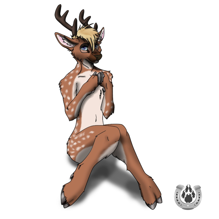 anthro antlers blonde_hair blue_eyes cervine chital deer deer-spangle hair hooves horn male mammal nude solo spots