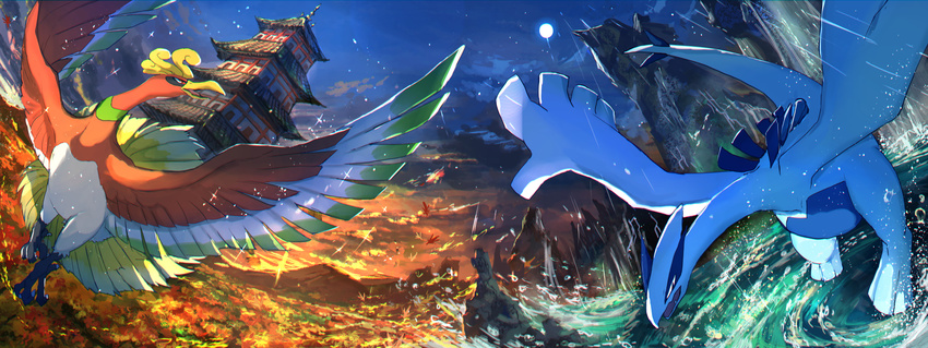 autumn_leaves blue_sky building commentary_request day day_and_night east_asian_architecture gen_2_pokemon highres ho-oh legendary_pokemon lugia moon mountain night night_sky no_humans pagoda pippi_(pixiv_1922055) pokemon pokemon_(creature) sky sparkle water waterfall waves wind