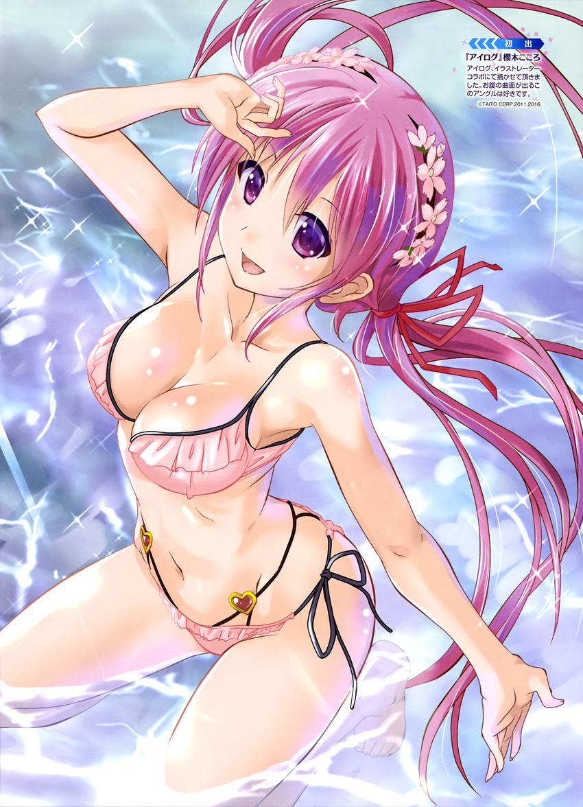:d absurdres arm_up bare_arms bare_shoulders barefoot bikini black_ribbon blush breasts cleavage collarbone eyebrows_visible_through_hair flower from_above gem hair_flower hair_ornament hair_ribbon heart highres ilog kneeling komatsu_eiji long_hair looking_at_viewer looking_up low_twintails medium_breasts navel open_mouth partially_submerged pink_bikini pink_hair purple_eyes red_ribbon ribbon ruby_(stone) sakuragi_kokoro shiny shiny_skin side-tie_bikini smile solo stomach swimsuit tareme translated twintails water