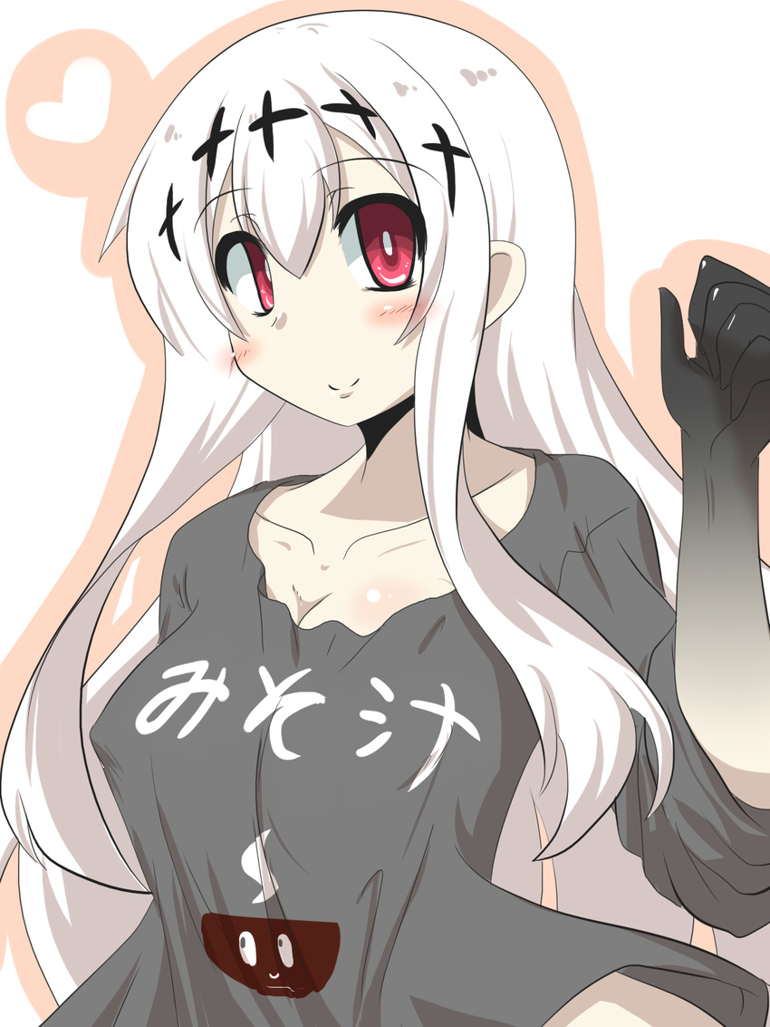 aircraft_carrier_water_oni arm_at_side blush_stickers breasts cleavage clothes_writing commentary_request covered_nipples goma_(gomasamune) grey_shirt hair_between_eyes hair_ornament hand_up heart highres kantai_collection large_breasts long_hair long_sleeves looking_at_viewer red_eyes shinkaisei-kan shiny shiny_skin shirt sidelocks smile solo t-shirt translated white_hair