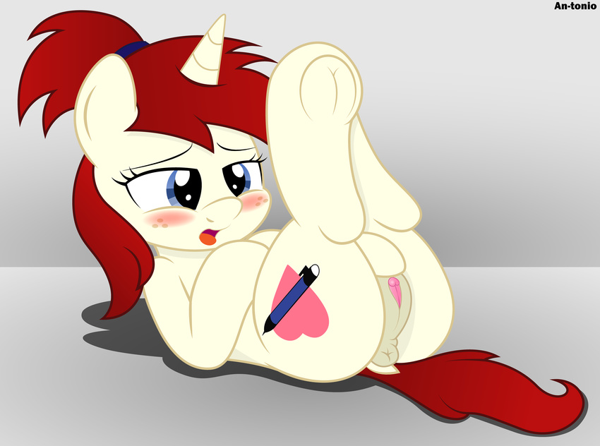 an-tonio anus blue_eyes butt clitoris cub cutie_mark equine fan_character female freckles hair half-closed_eyes horn lying mammal masturbation my_little_pony on_back open_mouth pussy red_hair silver_draw solo tongue tongue_out unicorn young