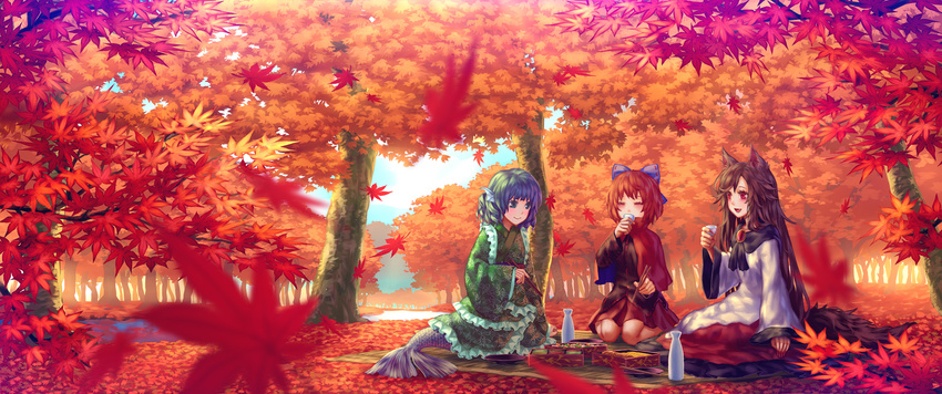 animal_ears autumn_leaves blue_eyes blue_hair bow brooch brown_hair chopsticks closed_eyes cup day drinking fang frilled_kimono frills grass_root_youkai_network hair_bow head_fins highres imaizumi_kagerou japanese_clothes jewelry kimono long_hair long_sleeves mermaid monster_girl multiple_girls obentou obi outdoors red_eyes red_hair red_skirt sakazuki sash scenery sekibanki short_hair skirt smile tail tokkuri touhou tree wakasagihime wasabichan wide_sleeves wolf_ears wolf_tail