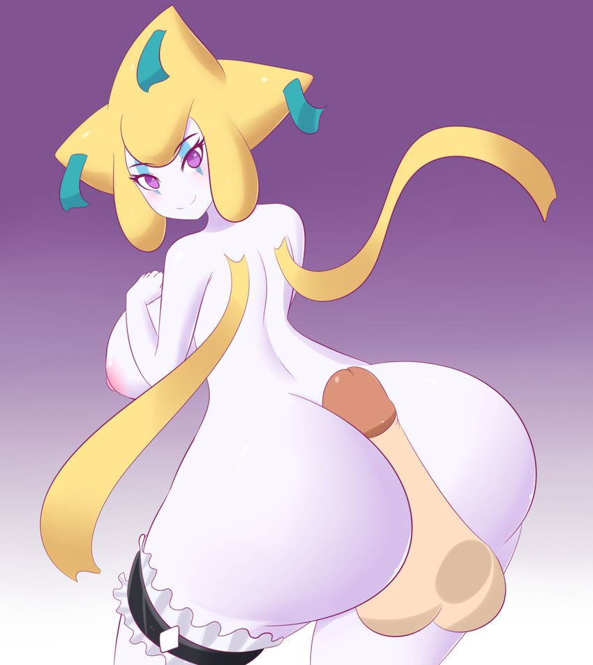 anthro balls big_butt blush breasts butt clothing erection female hot_dogging jcdr jirachi legendary_pok&eacute;mon legwear looking_at_viewer looking_back nintendo nipples nova_(purplebird) nude penis pok&eacute;mon simple_background smile solo thighband video_games