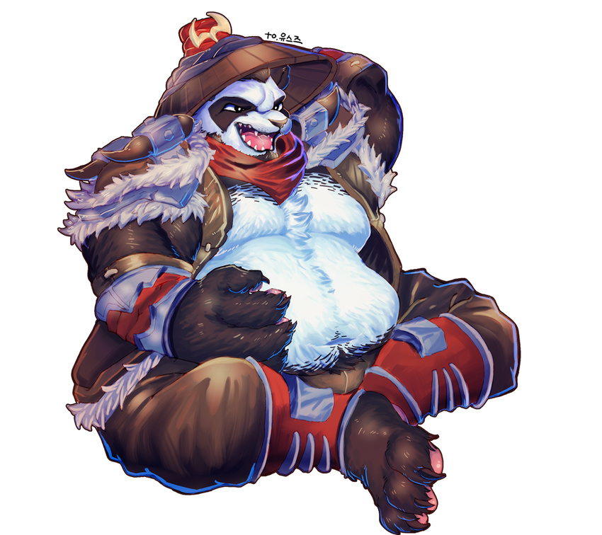 achakura anthro bear clothed clothing fur hair hat male mammal navel obese open_mouth open_shirt overweight panda sitting solo