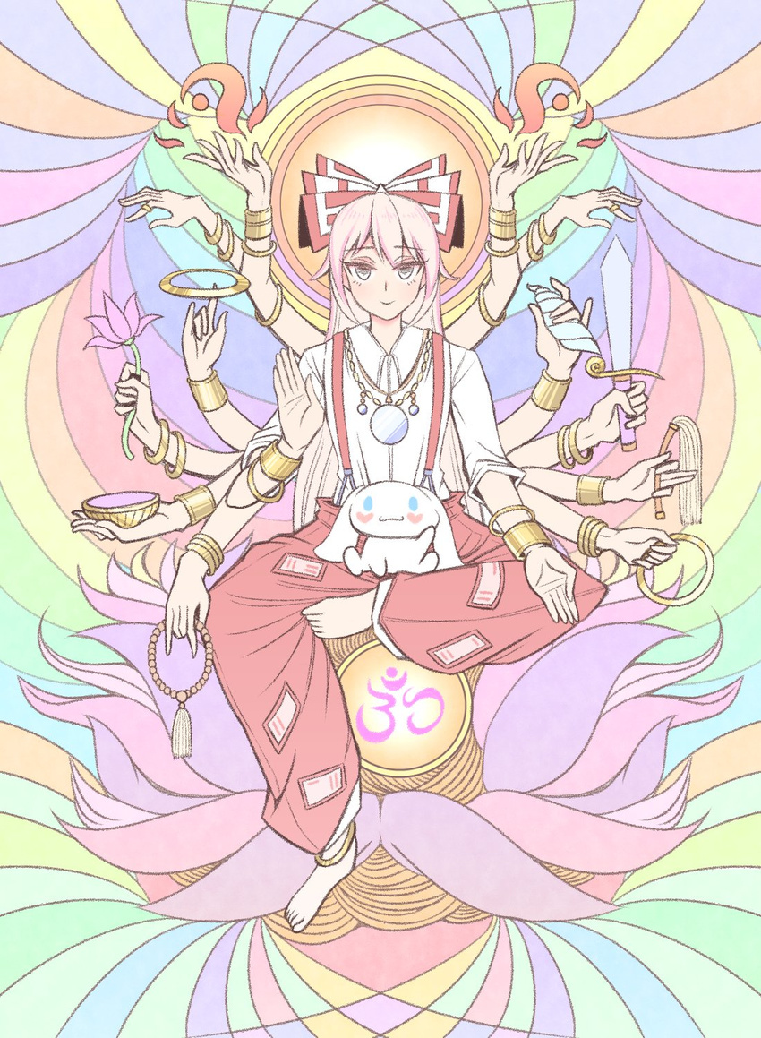 :3 alison_(alison_air_lines) alternate_eye_color anklet armlet arms_up bangs barefoot blush bow bowl bracelet cinnamoroll collared_shirt commentary_request crossover flat_chest flower fujiwara_no_mokou grey_eyes hair_between_eyes hair_bow hand_up hands_up heart highres hindu_mythology hinduism holding holding_bowl holding_flower holding_necklace holding_sword holding_weapon jewelry long_hair long_sleeves looking_at_viewer mirror multicolored multicolored_background multiple_arms necklace ofuda om pants pink_hair red_pants sanrio shirt sitting sitting_on_lap sitting_on_person smile solid_circle_eyes solo suspenders sword touhou very_long_hair weapon white_shirt