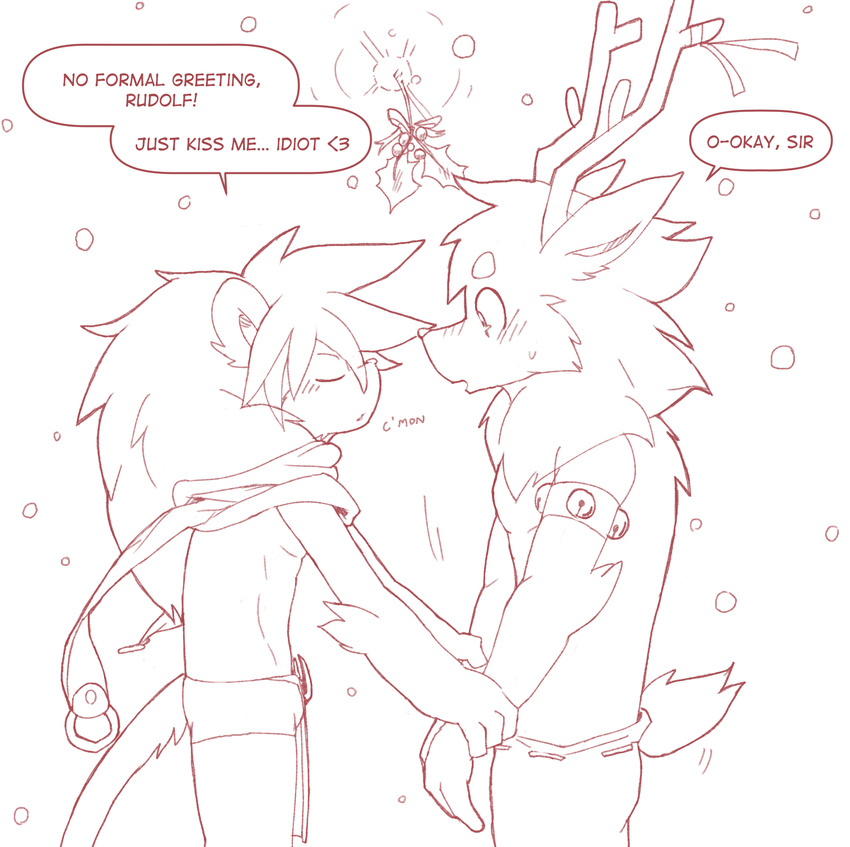 antlers arm_grab athletic cervine clothed clothing dialogue duo english_text eyes_closed feline horn leo_(whiteleo) line_art lion male male/male mammal mistletoe plant reindeer rudolph scarf shorts side_view snow speech_bubble text tight_clothing topless whiteleo wide_eyed