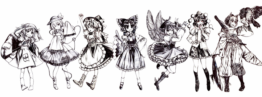 absurdres adapted_costume ajirogasa alternate_costume animal_ears apron armband ascot backpack bag bird bird_ears bird_wings blouse boots bow braid breasts cabbie_hat clenched_hand detached_sleeves diamond dress floral_print frilled_apron frilled_bow frilled_dress frilled_legwear frilled_skirt frilled_sleeves frills gohei grin hair_tubes hakama_pants hakurei_reimu hand_on_hip hand_up hat hat_bow hat_removed hat_ribbon hawk head_tilt headwear_removed heart heart_of_string highres holding holding_hat inubashiri_momiji kawashiro_nitori key kirisame_marisa knee_boots komeiji_koishi leaf_print leg_up long_hair long_sleeves looking_at_viewer medium_breasts monochrome multiple_girls mushroom_(osh320) mystia_lorelei no_wings one_eye_closed open_mouth pen playing_with_own_hair pleated_skirt pocket pointy_ears pom_pom_(clothes) puffy_long_sleeves puffy_short_sleeves puffy_sleeves red_eyes ribbon ribbon-trimmed_skirt ribbon_trim rose_print rubber_boots scarf shameimaru_aya sheath sheathed shirt short_hair short_sleeves simple_background single_braid skirt skirt_set sleeves_past_wrists small_breasts smile socks spot_color tabi teeth third_eye tokin_hat touhou traditional_media turtleneck two_side_up untucked_shirt vest waist_apron white_background wings witch_hat wolf_ears zouri