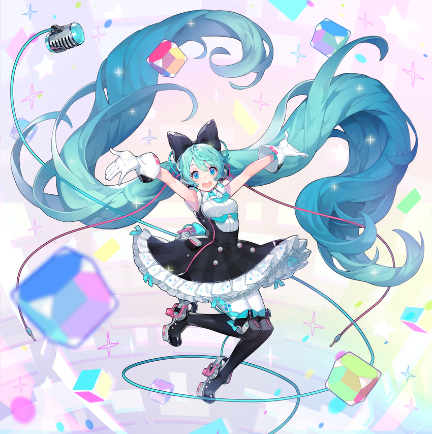 absurdly_long_hair bangs black_footwear black_legwear boots bow breasts cable dress frilled_skirt frills full_body gloves green_eyes green_hair hair_bow hands_up hatsune_miku headset high_heel_boots high_heels highres long_hair looking_at_viewer magical_mirai_(vocaloid) medium_breasts microphone open_mouth outstretched_arms pantyhose petticoat print_legwear sadal skirt sleeveless sleeveless_dress smile solo teeth thigh_boots thighhighs twintails very_long_hair vocaloid white_gloves white_legwear