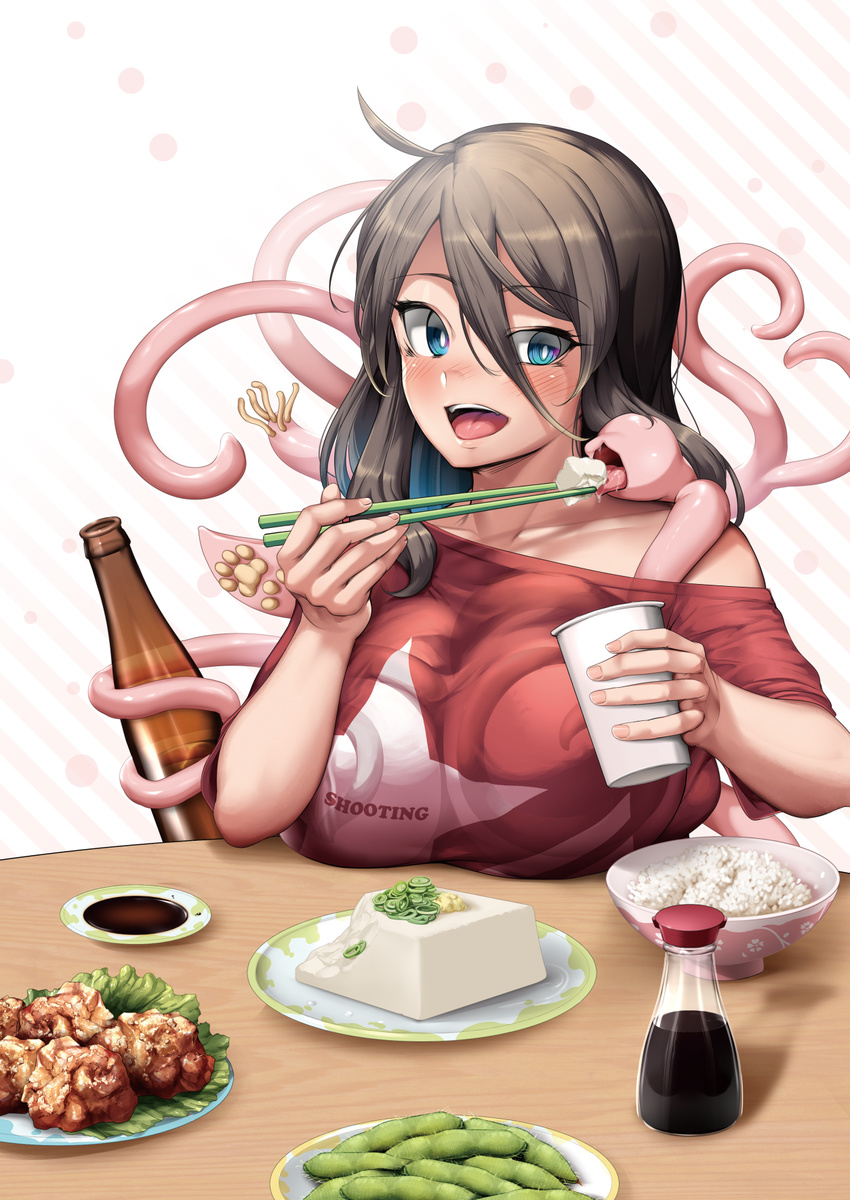 ahoge black_hair blue_eyes blush bowl breast_grab breasts chives chopsticks commentary_request consensual_tentacles cover_image eating edamame_(food) feeding food fried_chicken grabbing highres long_hair no_bra off_shoulder open_mouth original rice_bowl solo soy_sauce table tentacles tentacles_under_clothes tofu yana_(nekoarashi)