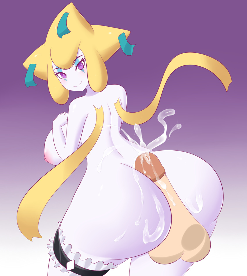 anthro balls big_butt blush breasts butt cum cum_on_butt erection female hot_dogging jcdr jirachi legendary_pok&eacute;mon looking_at_viewer looking_back nintendo nipples nova_(purplebird) nude penis pok&eacute;mon simple_background smile solo thighband video_games