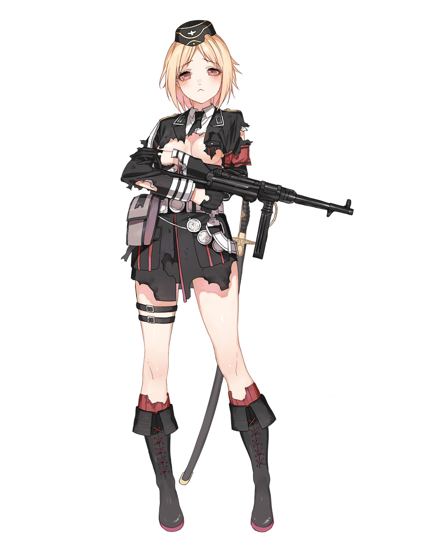 :&lt; armband bare_legs belt black_footwear black_gloves black_neckwear blonde_hair blush boots breasts brown_eyes cartridge cleavage cleavage_cutout closed_mouth collared_shirt covering covering_breasts cross-laced_footwear eyebrows eyebrows_visible_through_hair finger_on_trigger full_body girls_frontline gloves gun haijin half_gloves head_tilt highres holding holding_gun holding_weapon holster knee_boots lace-up_boots large_breasts looking_at_viewer medal military military_uniform mp40 mp40_(girls_frontline) necktie nose official_art pouch sheath shirt short_hair solo standing submachine_gun sword thigh_strap torn_clothes transparent_background uniform weapon white_shirt