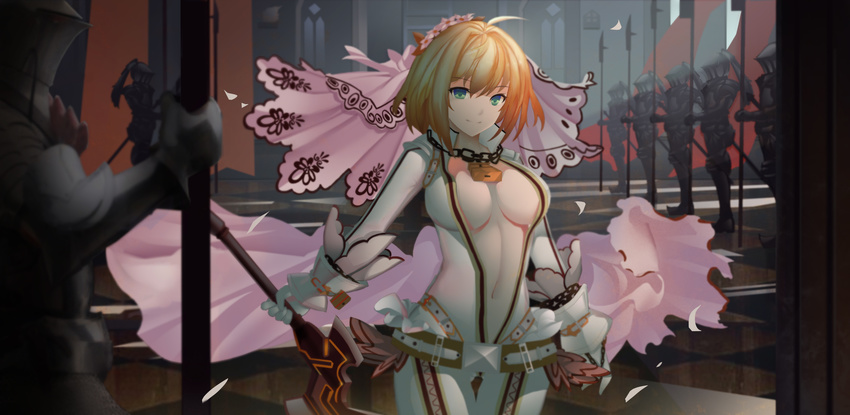 6+boys absurdres alternate_hairstyle armor ass_visible_through_thighs belt blonde_hair breasts chain fate/extra fate/extra_ccc fate_(series) green_eyes highres indoors large_breasts lock magician_(china) md5_mismatch multiple_boys navel nero_claudius_(bride)_(fate) nero_claudius_(fate)_(all) padlock petals polearm short_hair skin_tight smile solo_focus standing sword veil walking weapon wind wrist_cuffs