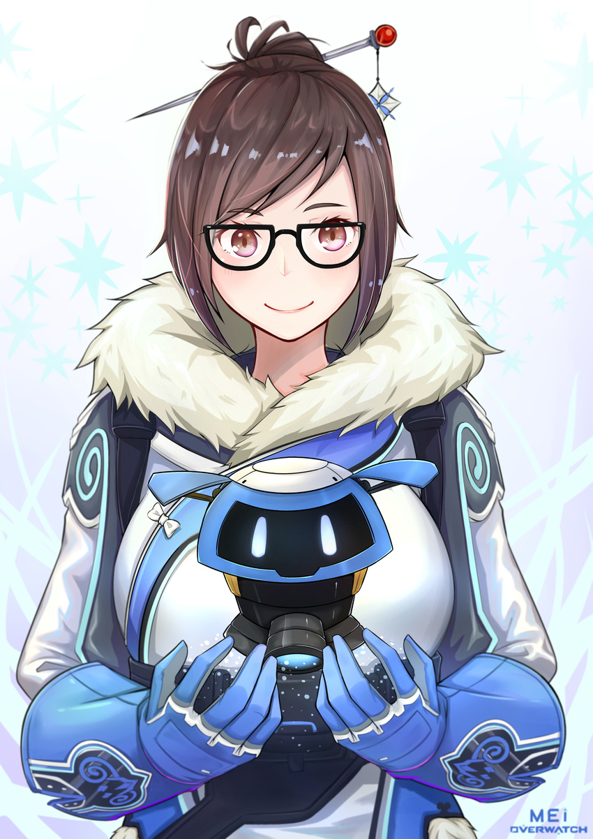 absurdres black-framed_eyewear blue_gloves blush breasts brown_eyes brown_hair character_name coat commentary copyright_name drone eyebrows_visible_through_hair floating fur_coat fur_trim glasses gloves gradient gradient_background grey_background hair_bun hair_ornament hair_stick highres hykyli looking_at_viewer medium_breasts mei_(overwatch) overwatch robot short_hair smile snowball_(overwatch) snowflakes solo upper_body
