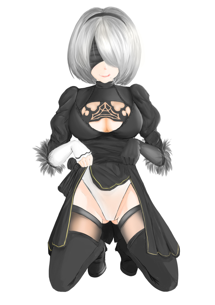 :p absurdres black_dress black_footwear black_legwear blindfold boots breasts cleavage cleavage_cutout dress dress_lift full_body gapushi_sawa gloves highres kneeling large_breasts leotard leotard_under_clothes licking_lips lifted_by_self mole mole_under_mouth naughty_face nier_(series) nier_automata short_hair silver_hair smile solo thigh_boots thighhighs tongue tongue_out white_hair white_leotard yorha_no._2_type_b