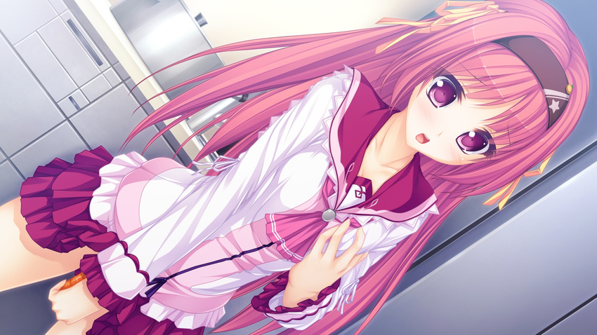 1girl blush breast_grab breasts female game_cg headband kurimiya_mikan long_hair masturbation nipples open_shirt purple_eyes red_hair ribbons skirt solo tenmaso usotsuki_ouji_to_nayameru_ohime-sama vibrator whirlpool