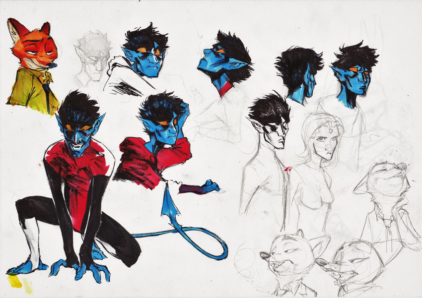 2016 anthro blue_skin canine clothed clothing crouching demon disney fox group half-closed_eyes male mammal marvel monoflax nick_wilde nightcrawler pointy_ears simple_background sketch sketch_page white_background x-men yellow_eyes zootopia