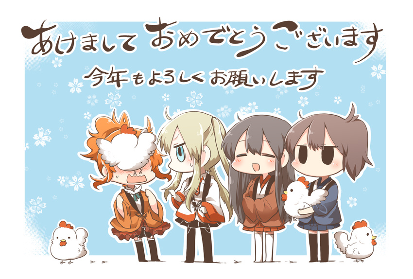 akagi_(kantai_collection) akeome animal aquila_(kantai_collection) bird black_eyes blonde_hair blue_eyes blush brown_eyes brown_hair chibi chicken chinese_zodiac closed_eyes graf_zeppelin_(kantai_collection) hair_between_eyes hakama_skirt happy_new_year highres holding holding_animal japanese_clothes jitome kaga_(kantai_collection) kantai_collection kotoyoro long_hair multiple_girls new_year open_mouth orange_hair rebecca_(keinelove) side_ponytail sidelocks sweatdrop translated twintails year_of_the_rooster