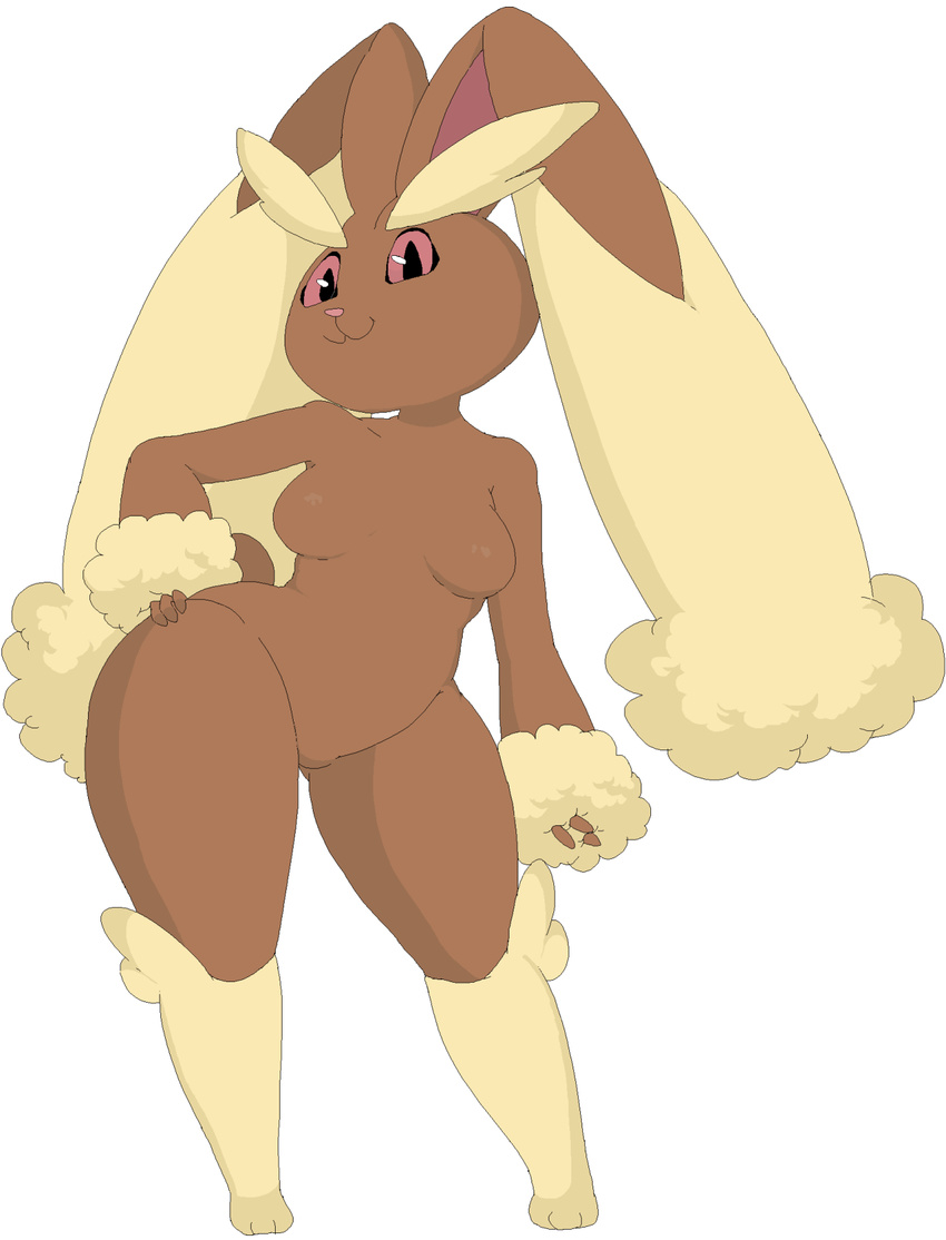 :3 breasts brown_fur featureless_breasts featureless_crotch female fur hoshime lopunny nintendo pink_eyes pok&eacute;mon pok&eacute;morph simple_background smile smut-valerian solo video_games white_background wide_hips