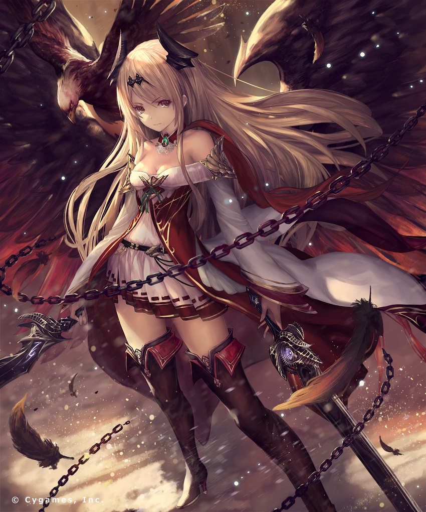 bangs bare_shoulders bird black_footwear black_gloves black_legwear black_wings blonde_hair boots chain collar commentary_request dark_angel_olivia detached_collar dual_wielding eagle eyebrows_visible_through_hair feathers floating_hair gloves high_heel_boots high_heels highres holding holding_sword holding_weapon horns long_hair looking_at_viewer pleated_skirt shingeki_no_bahamut skirt solo standing sword tachikawa_mushimaro thigh_boots thighhighs very_long_hair weapon white_skirt wings zettai_ryouiki